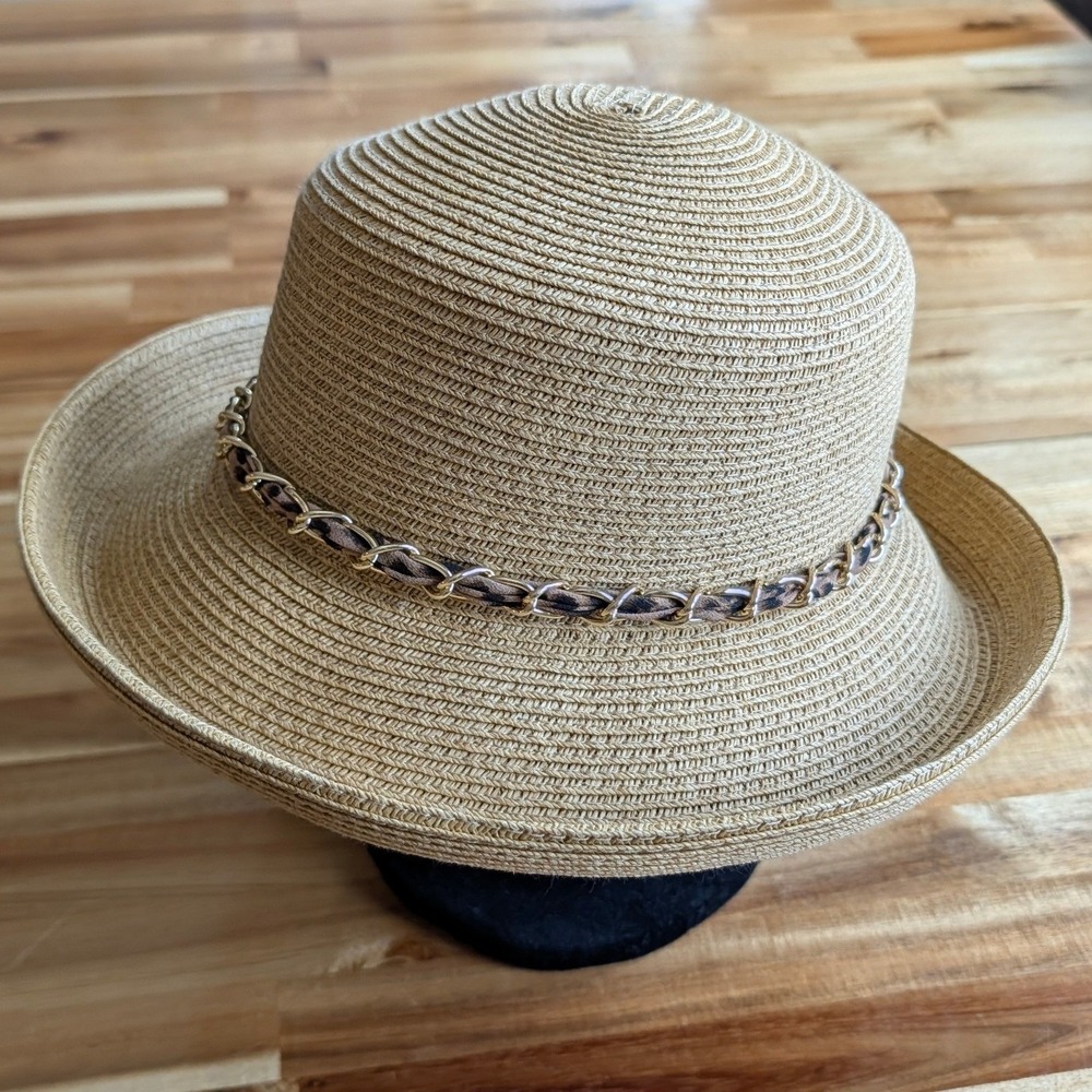 Nine West Women Straw Fedora Hat Tan Leopard Chain Band‎ UPF 50+ Packable NWT!